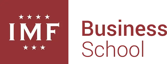 El logotipo de la escuela de negocios del FMI es rojo y blanco.