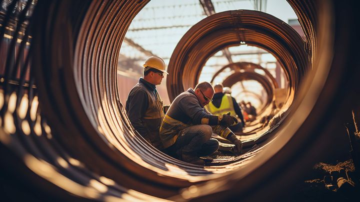 Un grupo de trabajadores de la construcción está trabajando en una tubería grande.