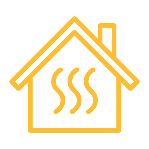 Un dibujo lineal amarillo de una casa con SSSS saliendo de la chimenea.