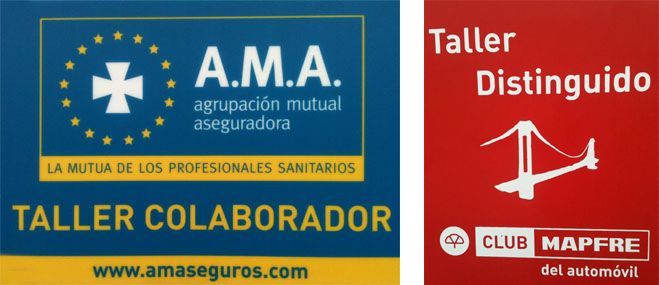 Blue and red auto service signs: A.M.A. Taller Colaborador and Taller Distinguido Club Mapfre del automóvil.