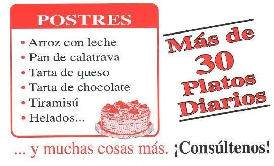 Un cartel que dice postres y tiene una imagen de un pastel.