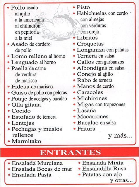 Un menú para un restaurante en español con una lista de platos principales.