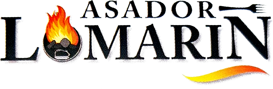 Un logo para asador lomarín con fuego y tenedor.