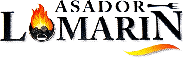El logo de Asador Lomarín tiene una imagen de un fuego y un tenedor.