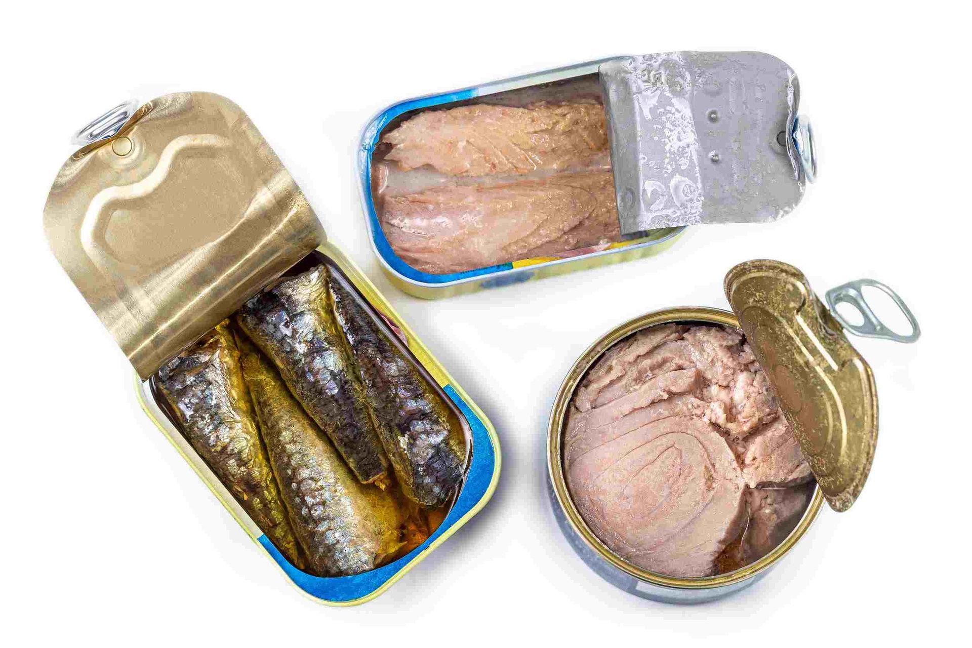 Tres latas de pescado abiertas: sardinas, atún en agua y atún en trozos.