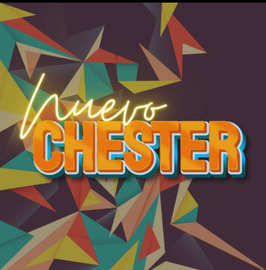 Un letrero de neón que dice Nuevo Chester sobre un fondo colorido.