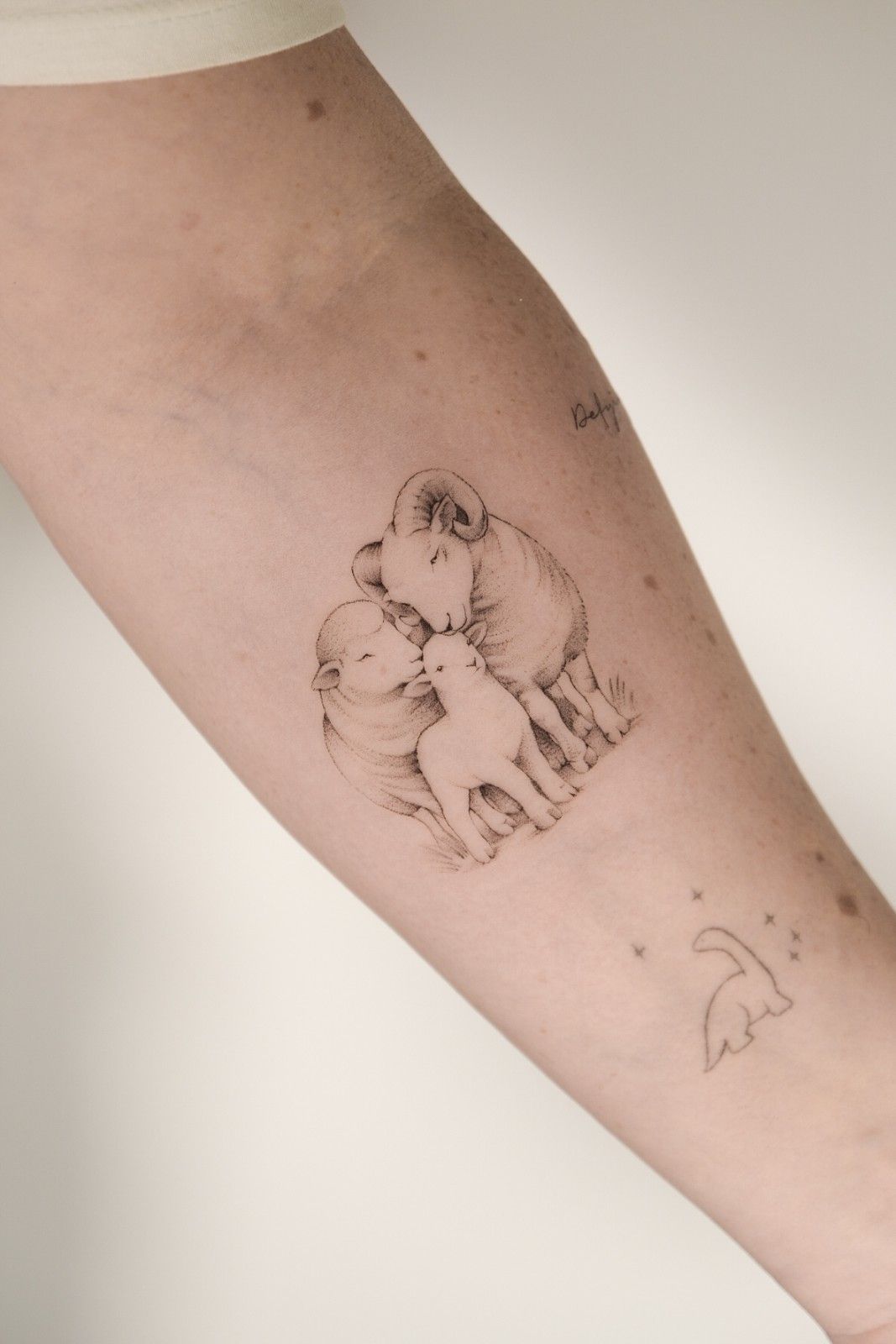 Tatuaje de una familia de ovejas, trazo detallado en un brazo, con un pequeño dibujo de dinosaurio.