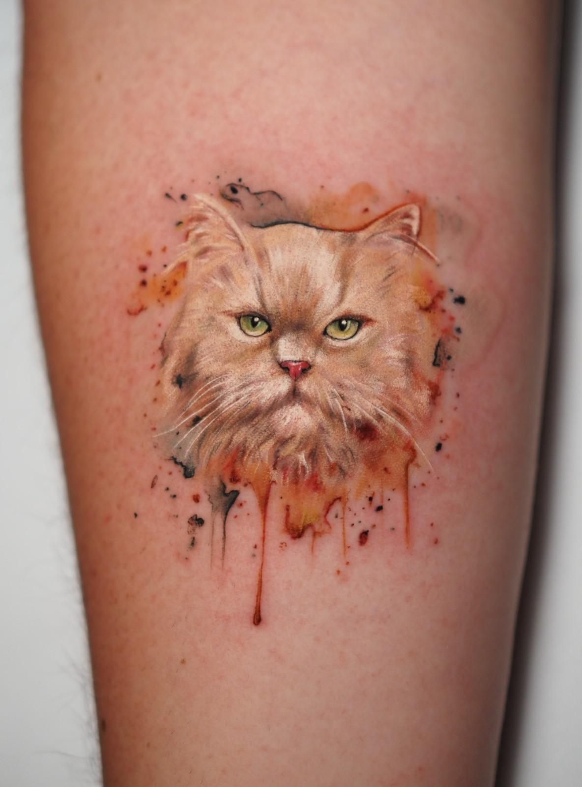 Tatuaje estilo acuarela de una cabeza de gato persa beige de aspecto gruñón con tinta naranja y negra goteando.