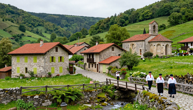Pueblo de piedra con casas de tejados rojos, una pequeña iglesia y gente caminando por un sendero.