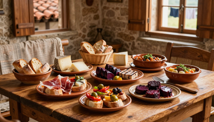 Mesa de madera con pasteles variados, pan, fruta y mermelada en una cocina rústica.