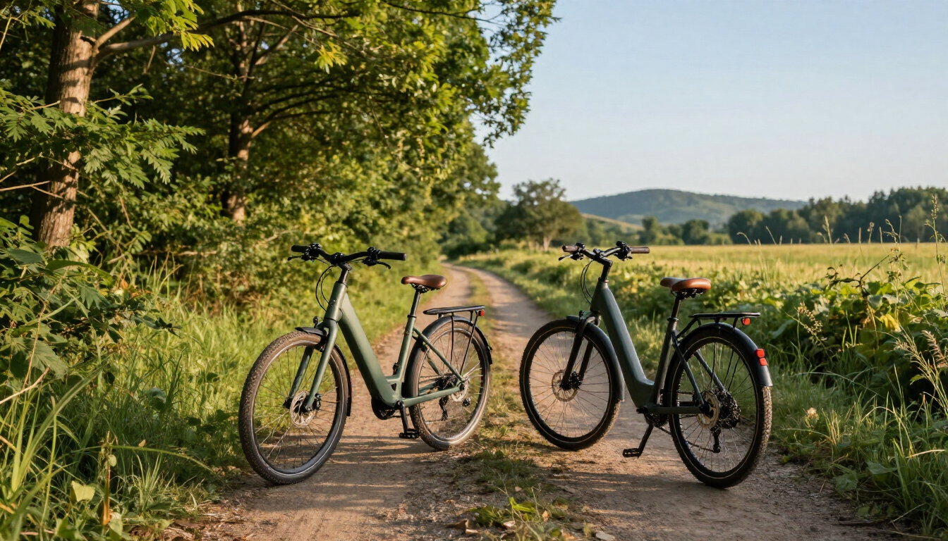 Dos bicicletas aparcadas en un camino de tierra junto a campos verdes y árboles en un paisaje rural soleado.