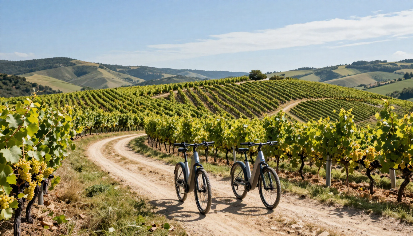 Dos bicicletas en un camino de tierra que atraviesa hileras de viñedos bañadas por el sol, con colinas onduladas al fondo.