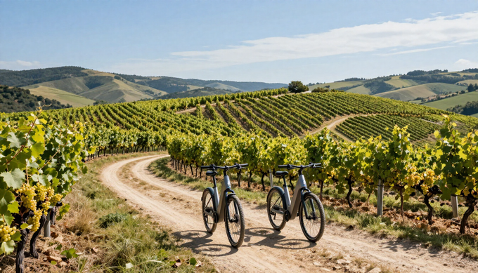 Dos bicicletas en un camino de tierra que atraviesa hileras de viñedos bañadas por el sol, con colinas onduladas al fondo.