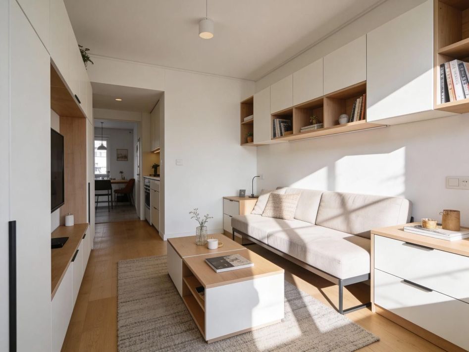 Un salón moderno y luminoso con un sofá beige, una mesa de centro de madera y armarios blancos empotrados en la pared.