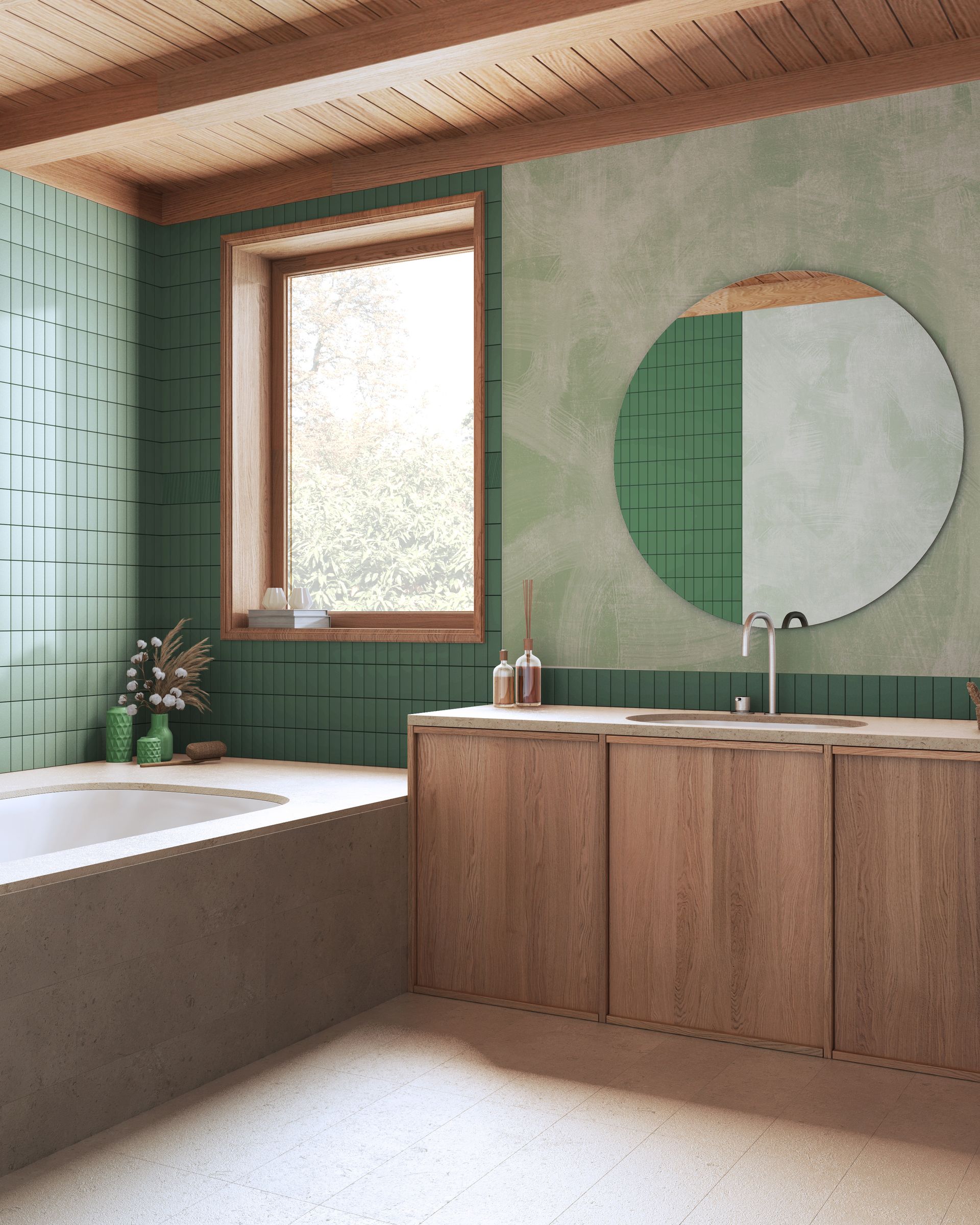 Salle de bains en bois et verte