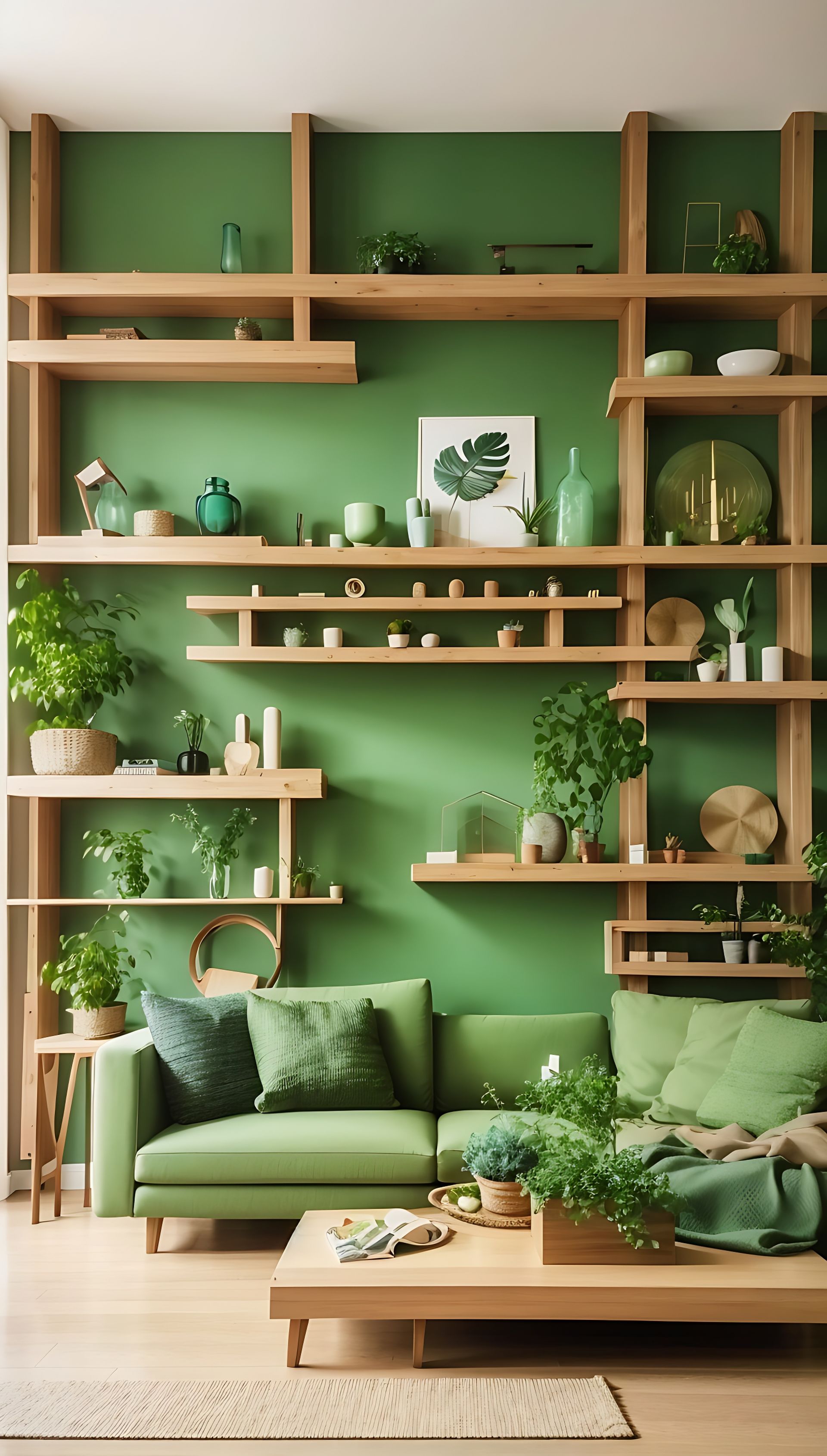 Étagères en bois sur fond vert