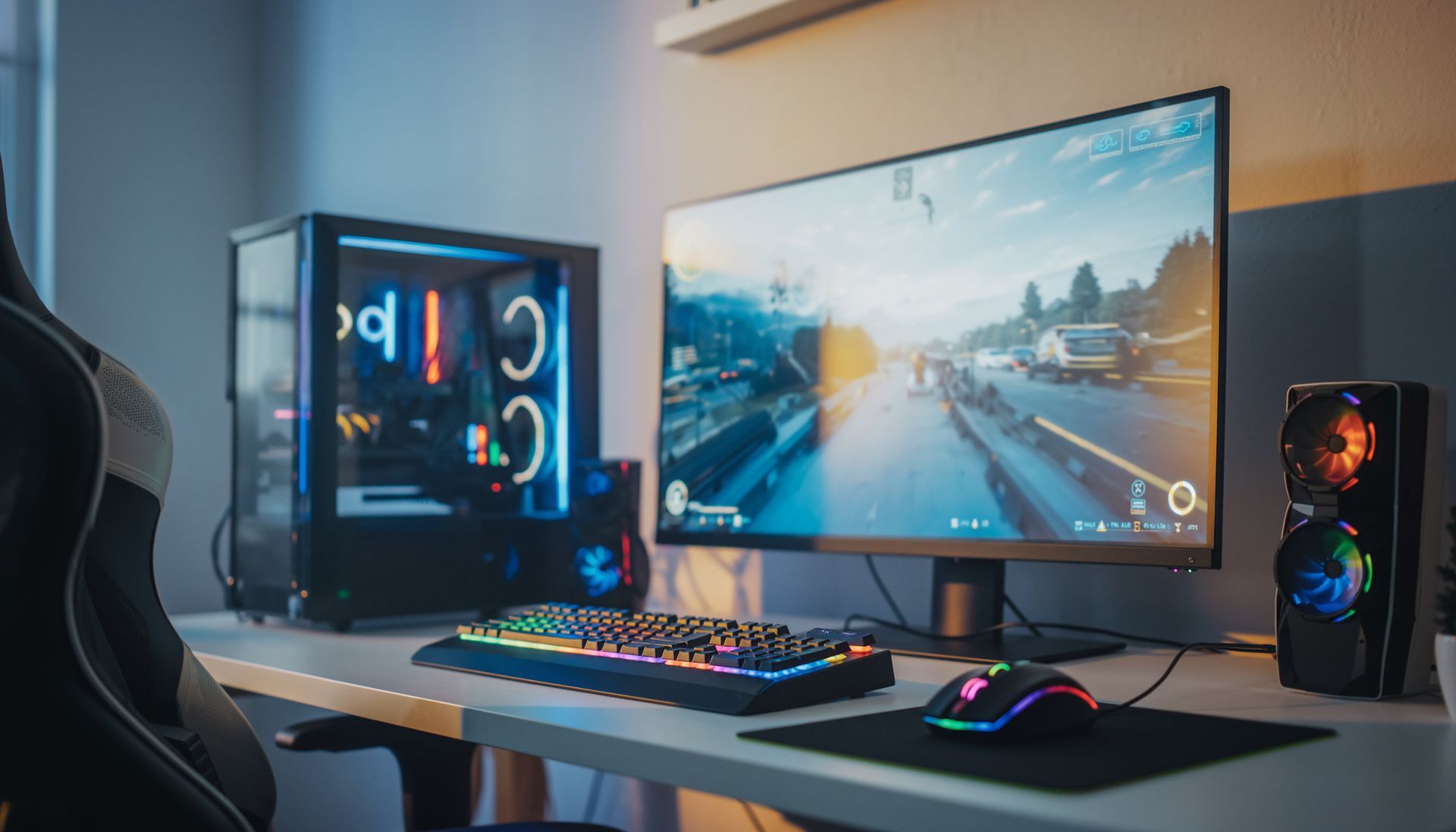 Configuration de bureau pour gamer avec tour PC rétroéclairée RGB, écran large, clavier, souris et haut-parleurs sur un bureau.