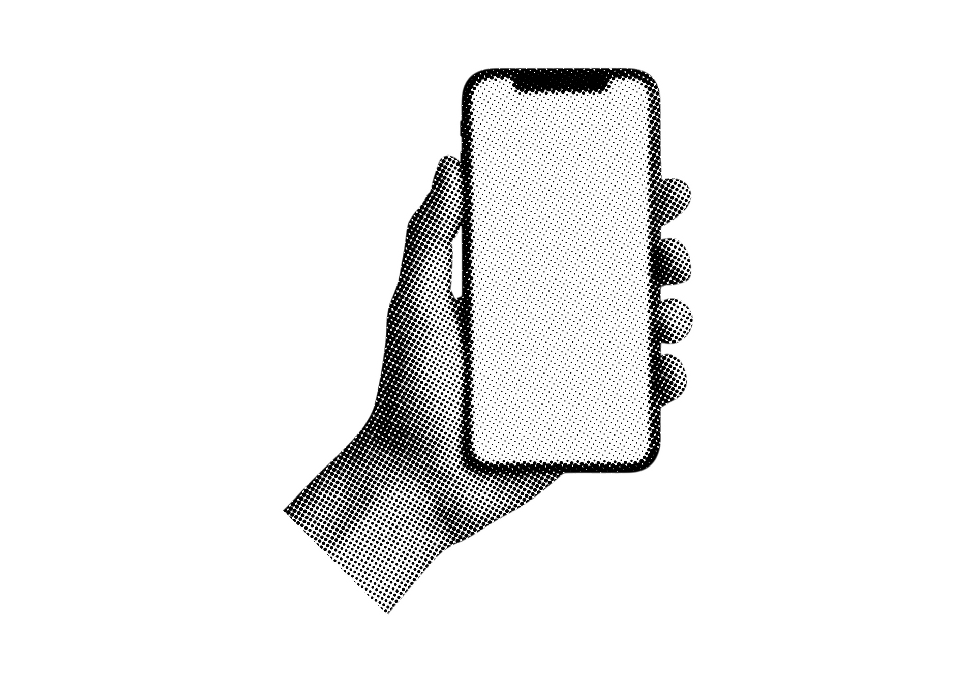 Main tenant un smartphone à l'écran blanc.