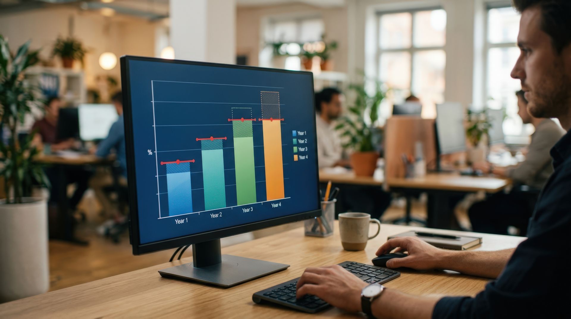 Une personne travaillant à un bureau regarde un graphique à barres coloré sur un écran dans un bureau lumineux.