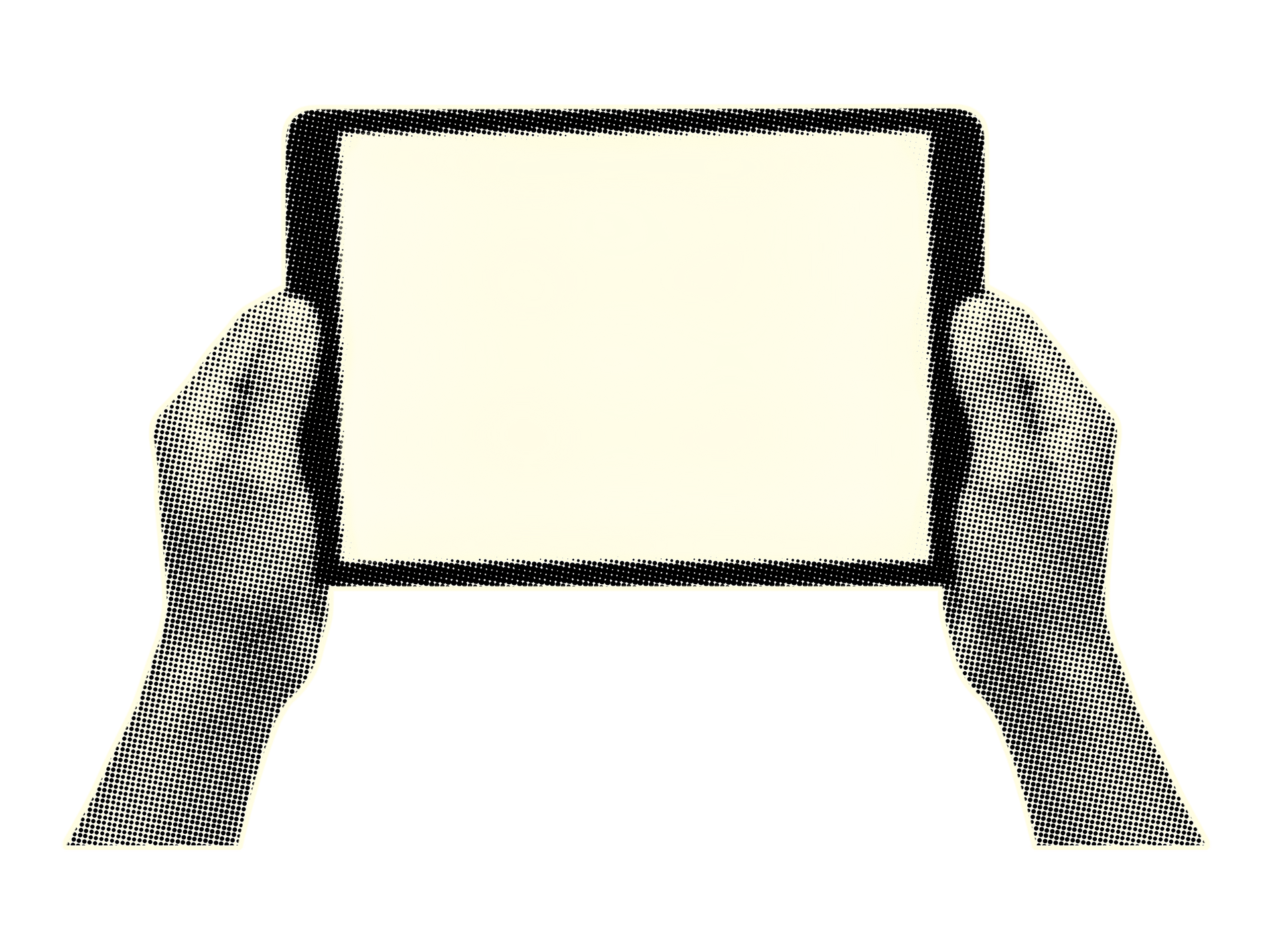 Main tenant une tablette au cadre noir.