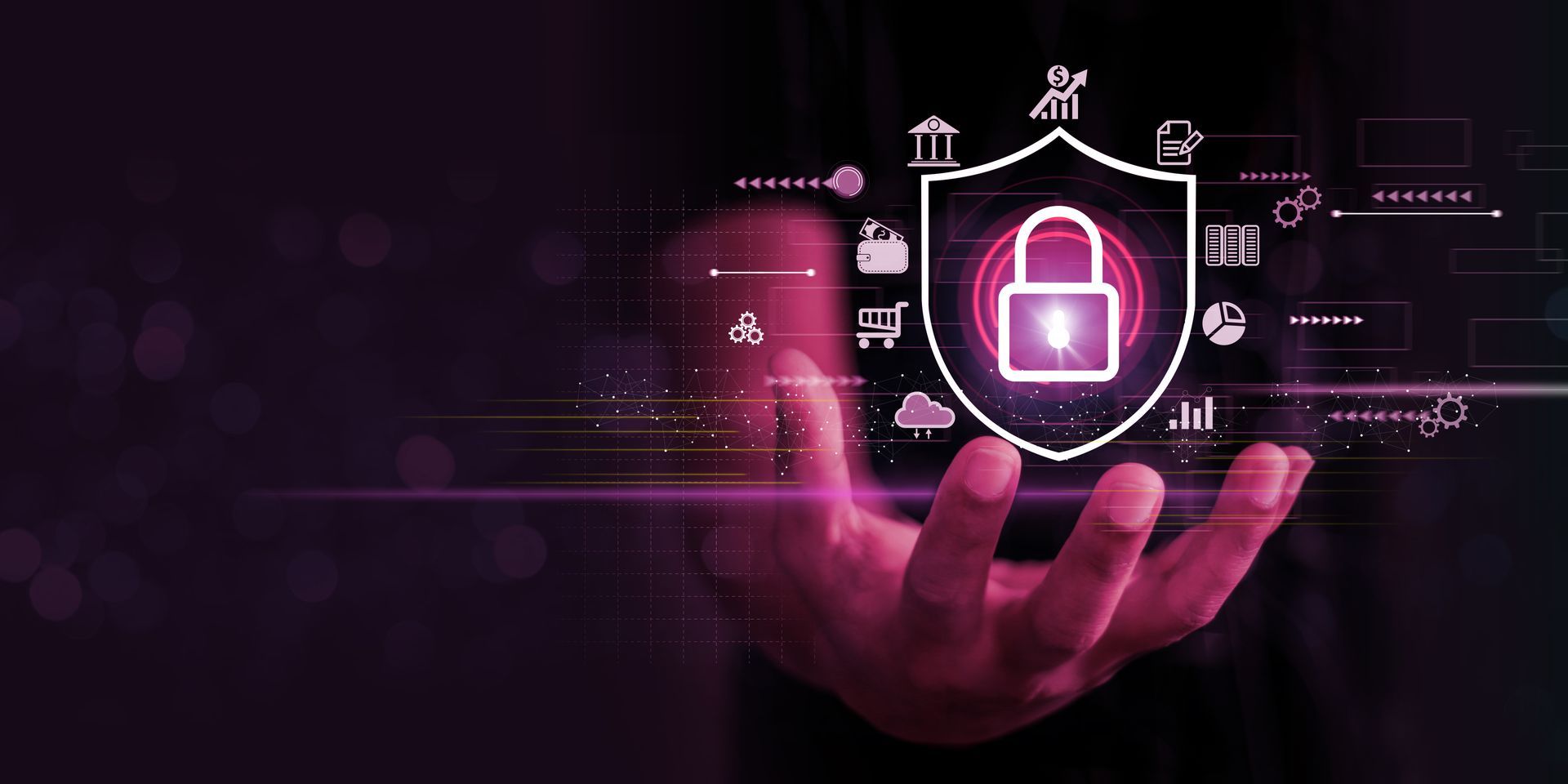 Main tenant un cadenas lumineux orné d'icônes de sécurité numérique violettes et de lignes de réseau.