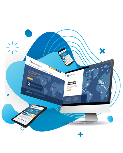 Des appareils numériques bleus disposés autour d'un écran d'ordinateur de bureau illustrent un concept de conception web adaptative.