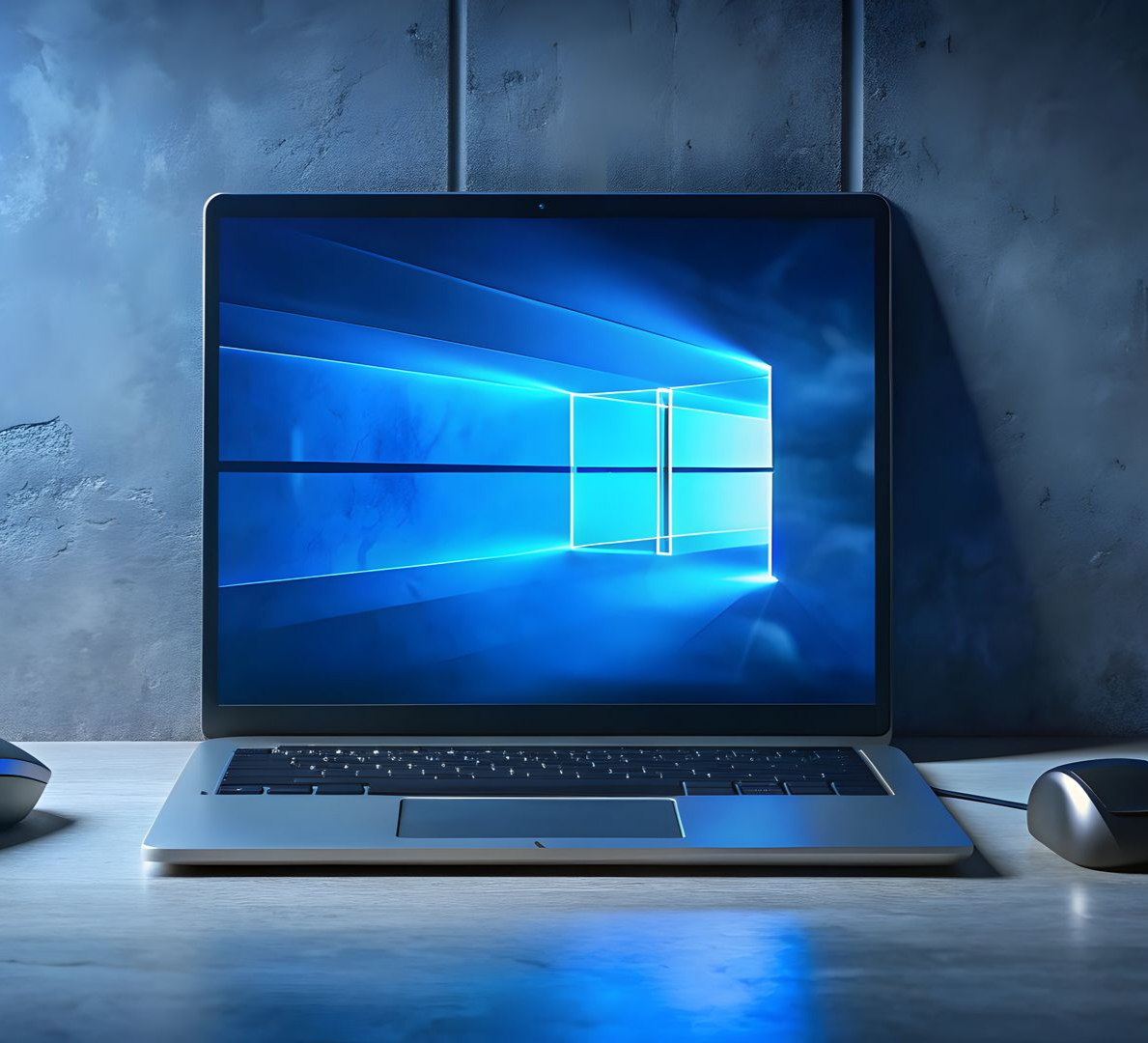 Un ordinateur portable affichant le logo Windows 10 est posé sur un bureau éclairé en bleu.