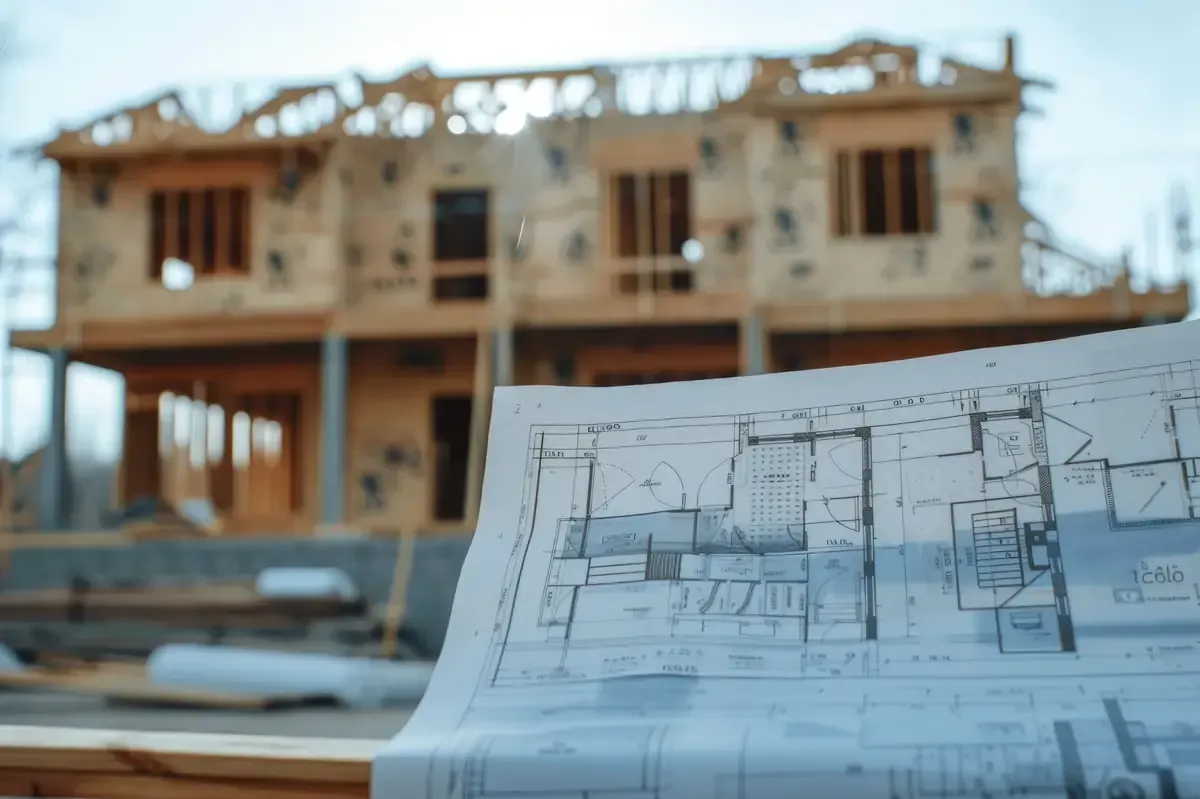 Plano enfocado; casa en construcción al fondo. Estructura de madera, planos visibles, exterior.