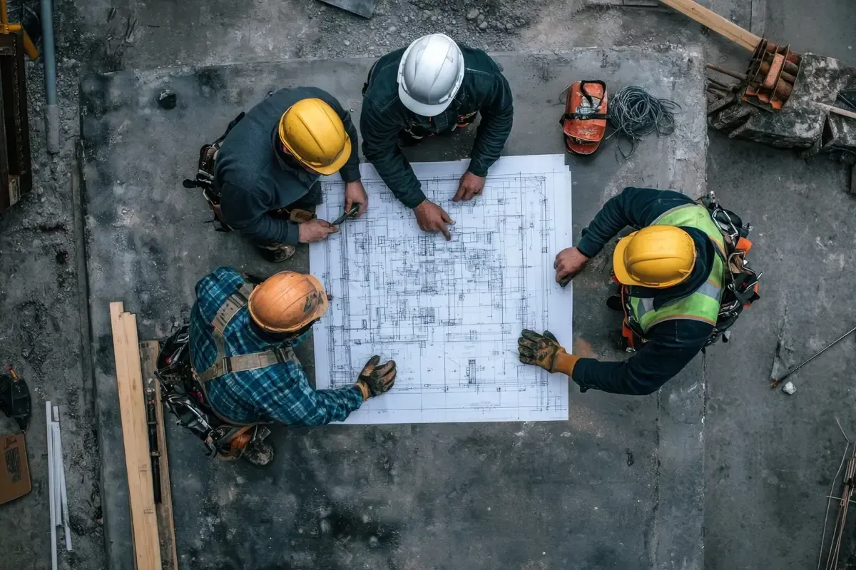 Trabajadores de la construcción con cascos revisan planos sobre una superficie de hormigón.