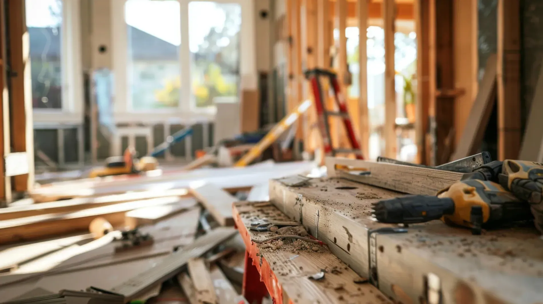 Interior de una casa en proceso de renovación; herramientas y restos de madera en un banco de trabajo en primer plano.