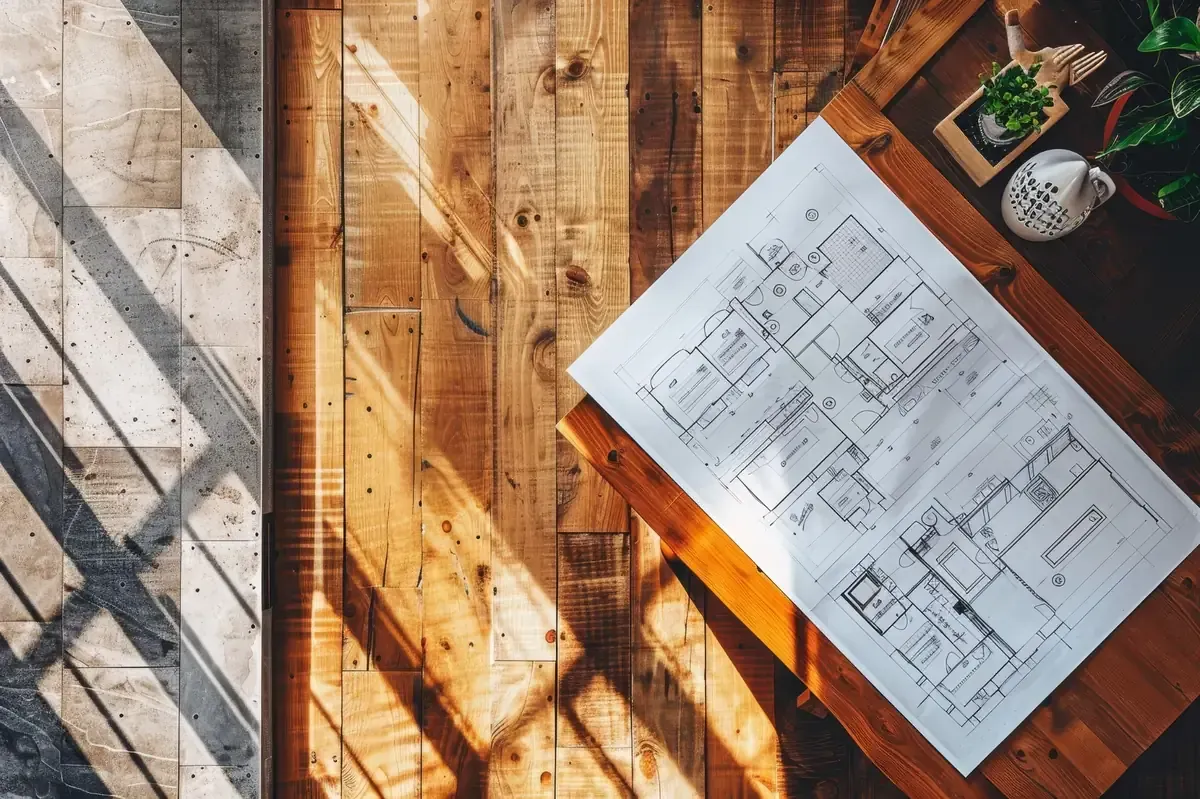 Plano sobre una mesa de madera, con la luz del sol proyectando sombras. Hay pequeñas plantas en maceta y un objeto decorativo blanco.