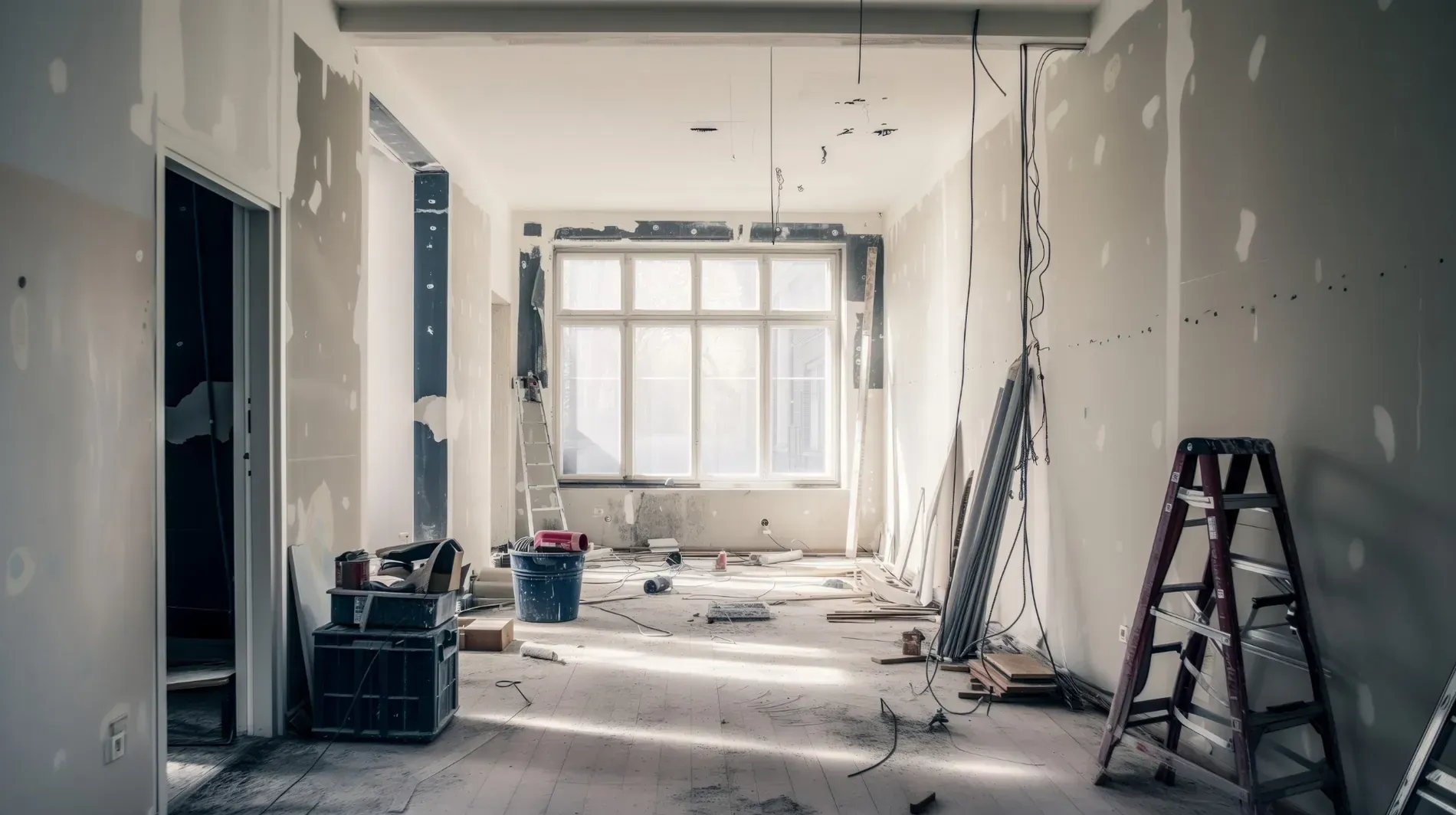 Interior de una habitación en renovación; paneles de yeso, cableado eléctrico, escalera, herramientas y una ventana.