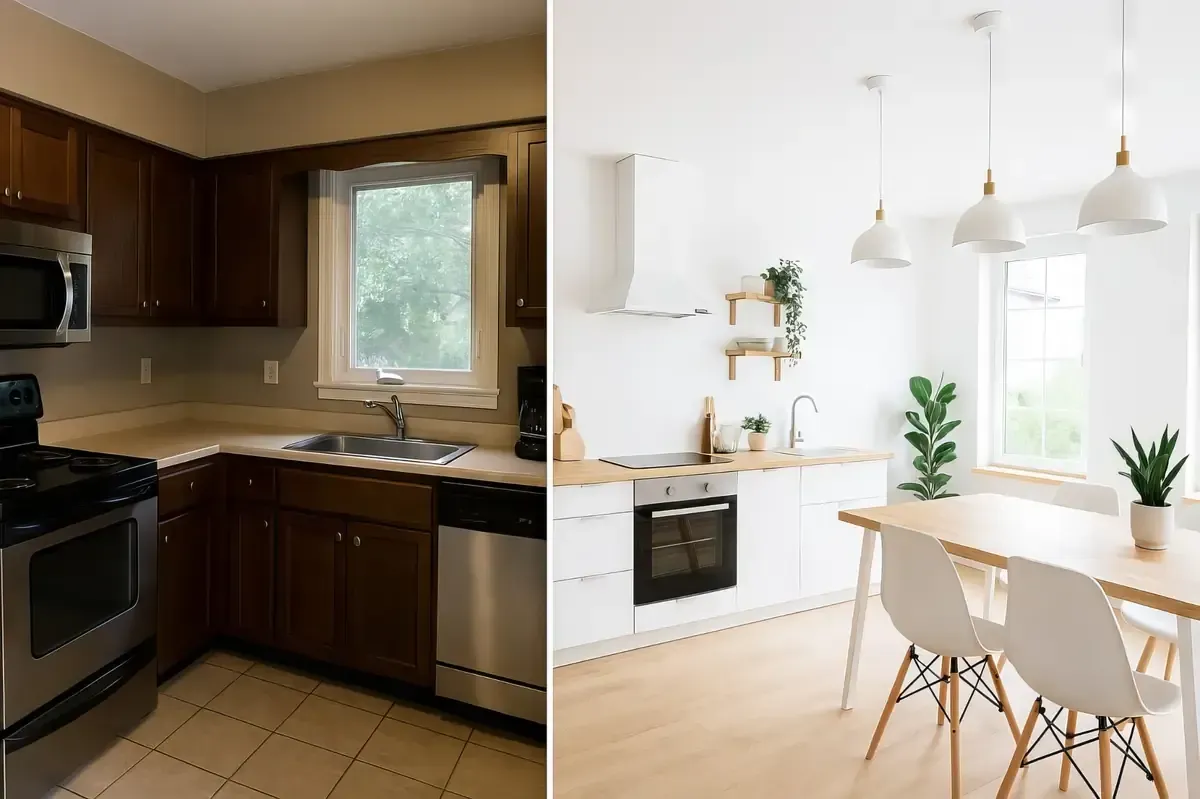 Cocina antes y después de la renovación: gabinetes oscuros reemplazados por encimeras y pisos de madera clara y de color blanco brillante.