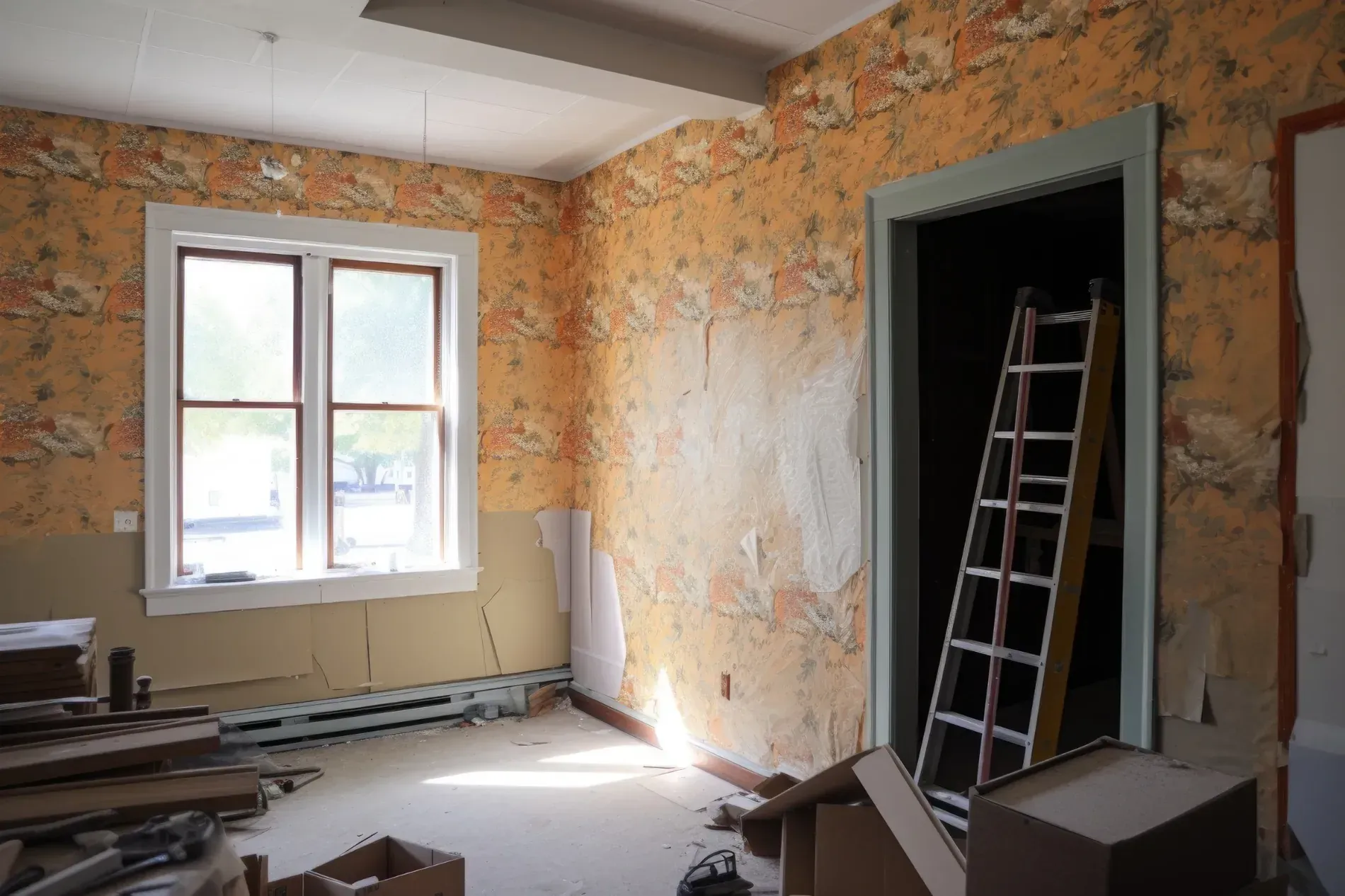 Habitación con papel tapiz descascarado, ventana y una escalera dentro de una puerta.