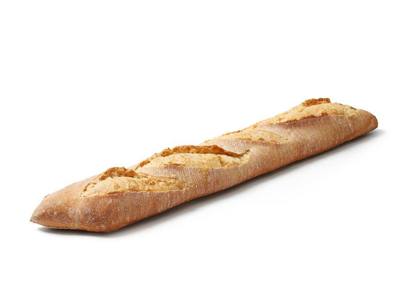 Baguette française, croûte dorée, sur fond blanc.
