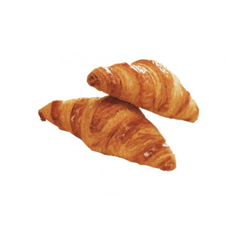 Deux croissants dorés, feuilletés et croustillants, se détachent sur un fond blanc.