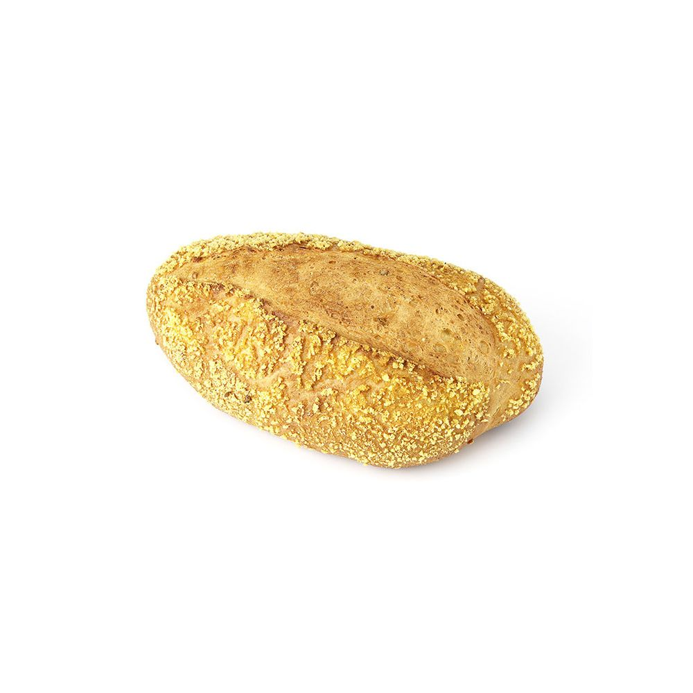 Petit pain ovale enrobé de semoule de maïs dorée, sur fond blanc.