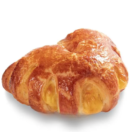 Pâtisserie feuilletée dorée, probablement un croissant fourré, sur fond blanc.