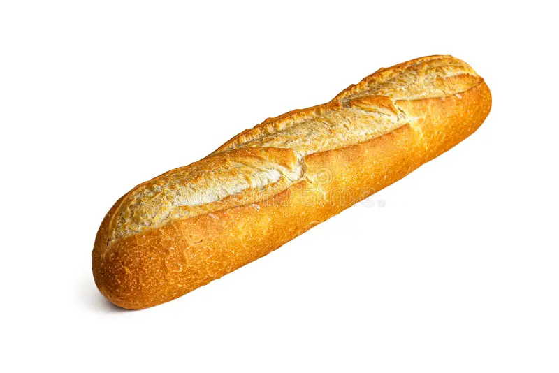 Baguette brun doré, disposée en biais sur fond blanc.