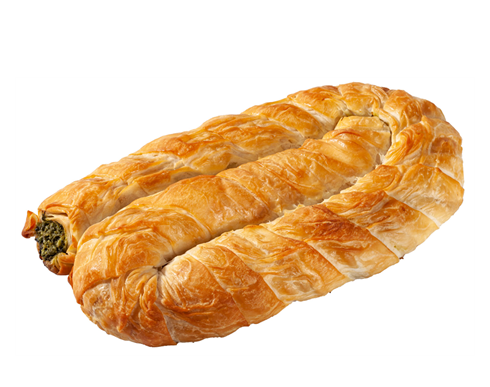 Pâtisserie dorée en forme de spirale, aux couches visibles, fourrée d'une garniture verte.