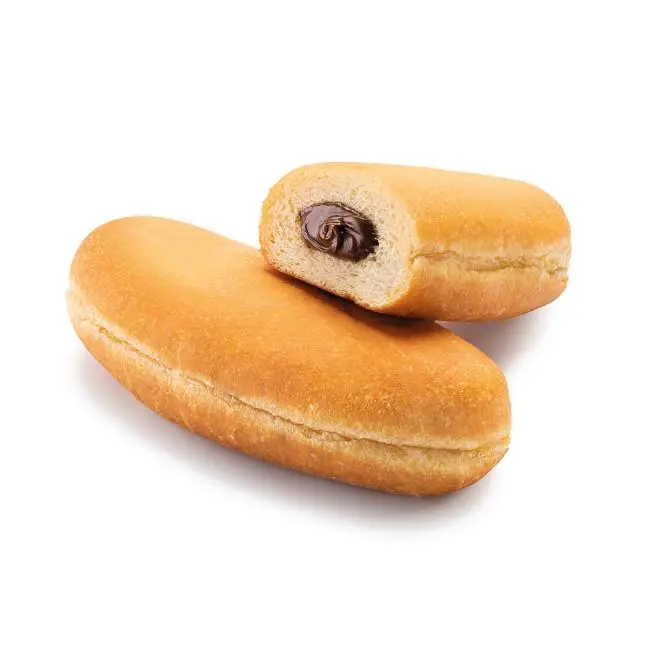 Beignet allongé, coupé en deux pour révéler sa garniture au chocolat.