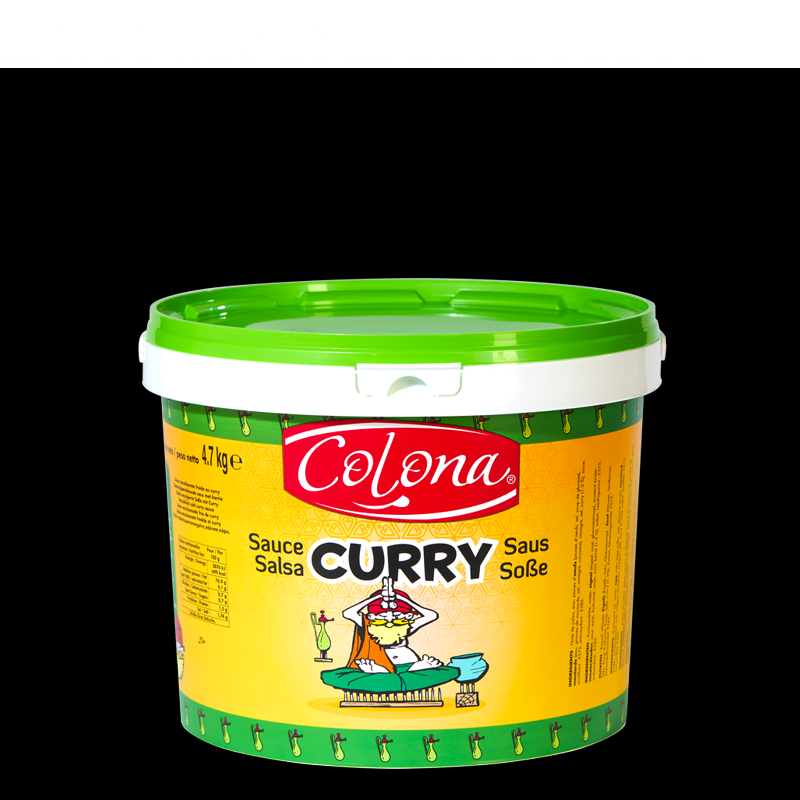 Seau de sauce au curry Colona avec couvercle vert, étiquette jaune et figurine de dessin animé.