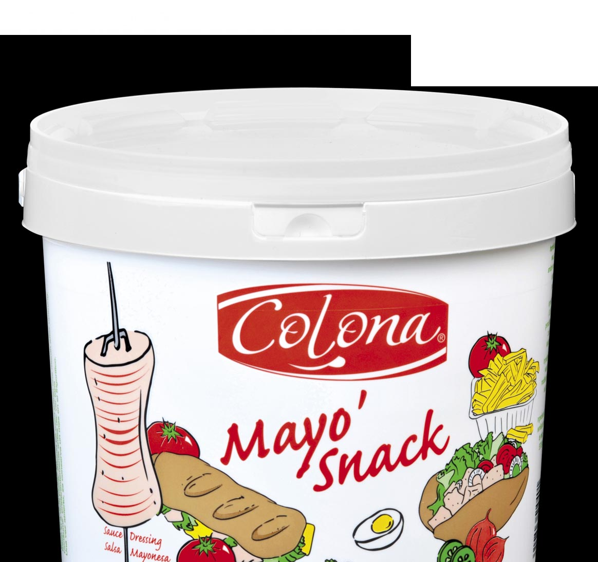 Pot blanc de Colona Mayo' Snack, étiquette ornée d'illustrations alimentaires, notamment de kebab doner et de sandwich.