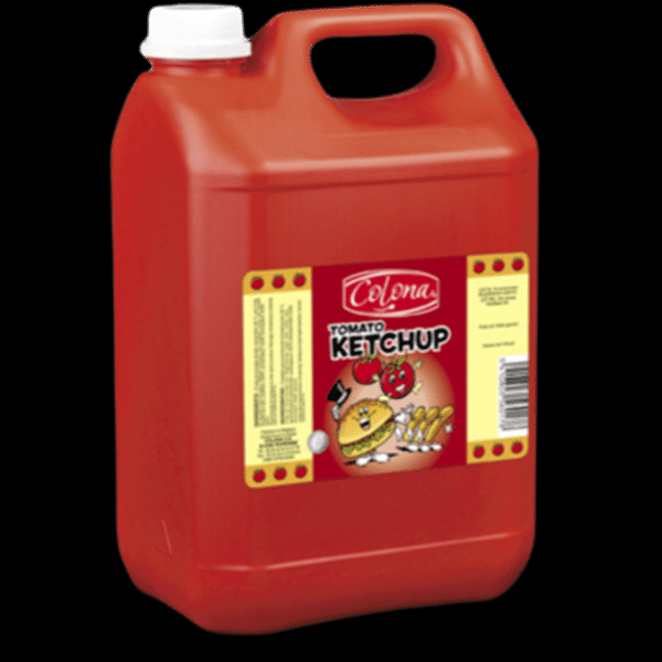 Bouteille en plastique rouge de ketchup Colona, ​​avec un bouchon blanc et une étiquette représentant des aliments.