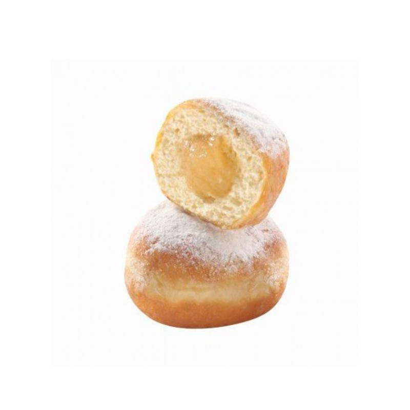 Beignet fourré à la crème pâtissière et saupoudré de sucre glace, coupé en deux pour laisser apparaître la garniture.