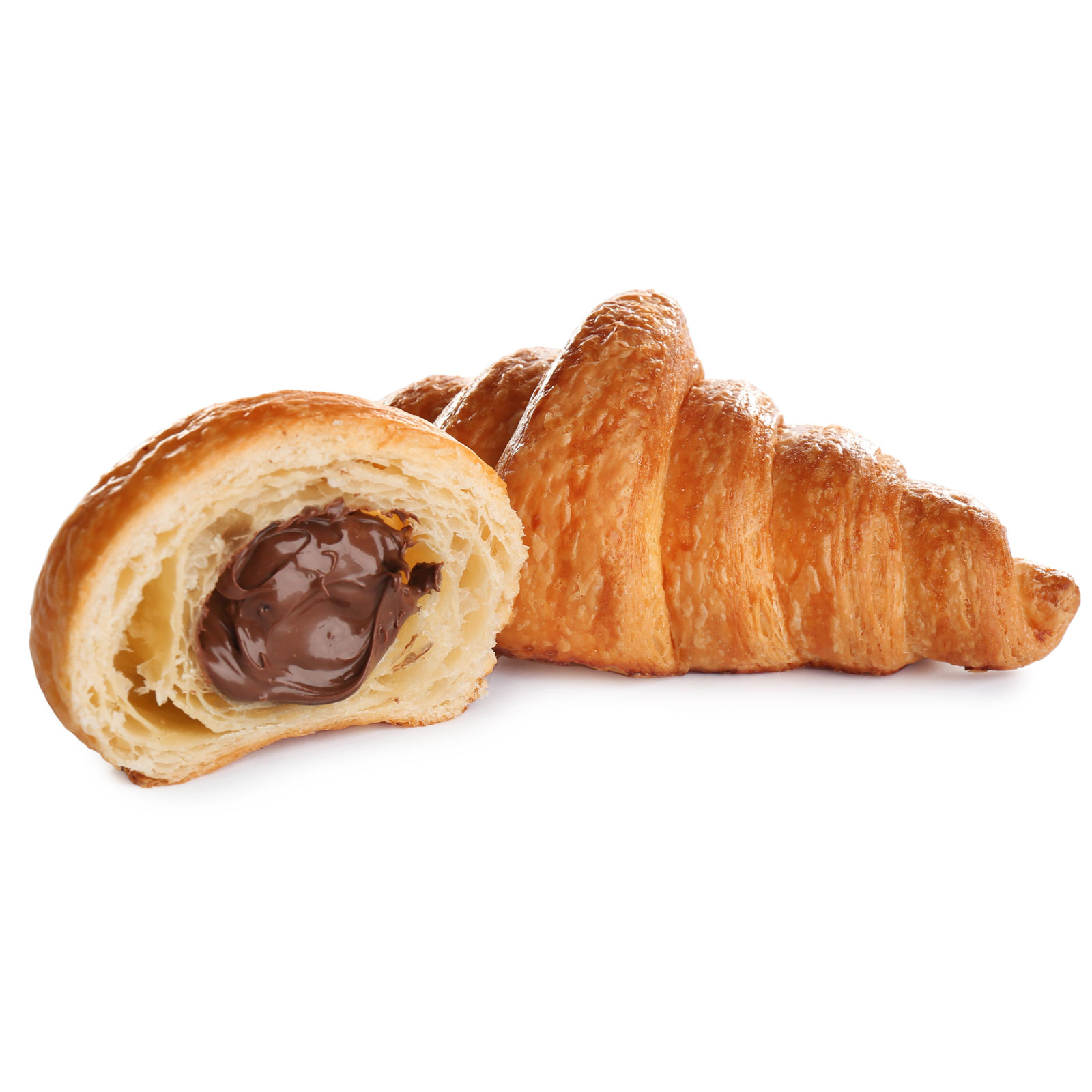 Croissant fourré au chocolat, ouvert en deux pour révéler sa garniture crémeuse, à côté d'un autre croissant