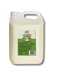 Carafe blanche de 5 litres contenant un liquide crémeux, avec étiquette. Poignée et bouchon visibles.