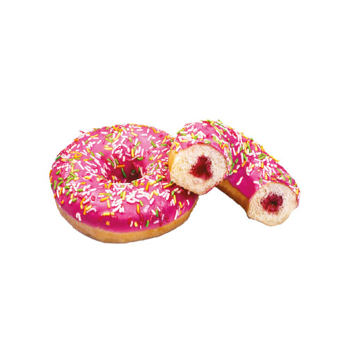 Beignets : un entier, deux moitiés. Glaçage rose avec des vermicelles ; fourrés à la gelée.