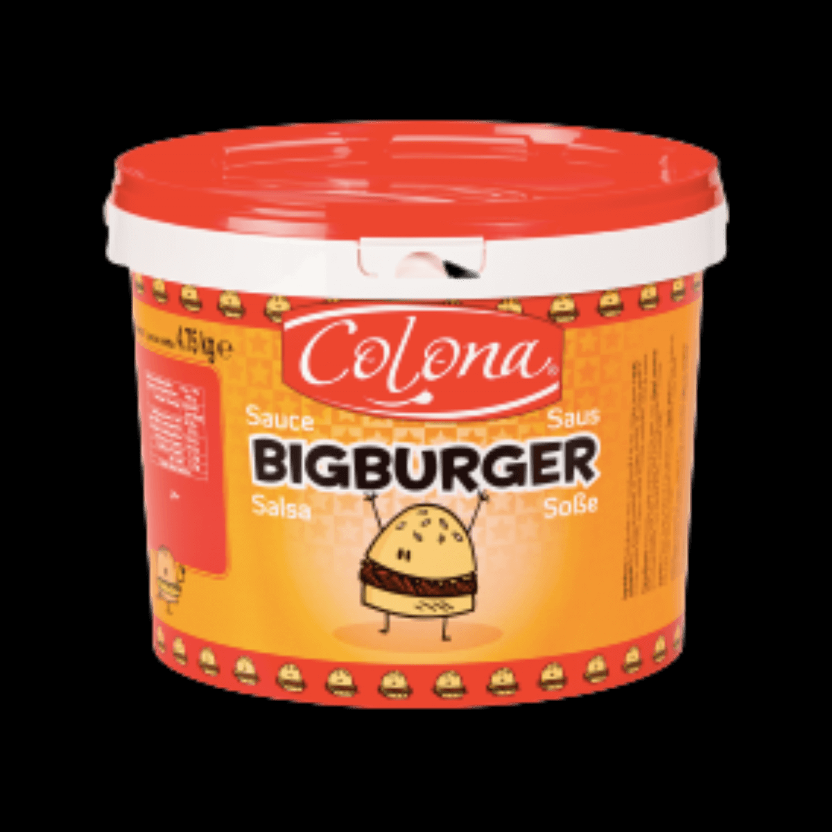 Seau de « Salsa Colona Bigburger » avec couvercle rouge et illustration de hamburger de dessin animé.