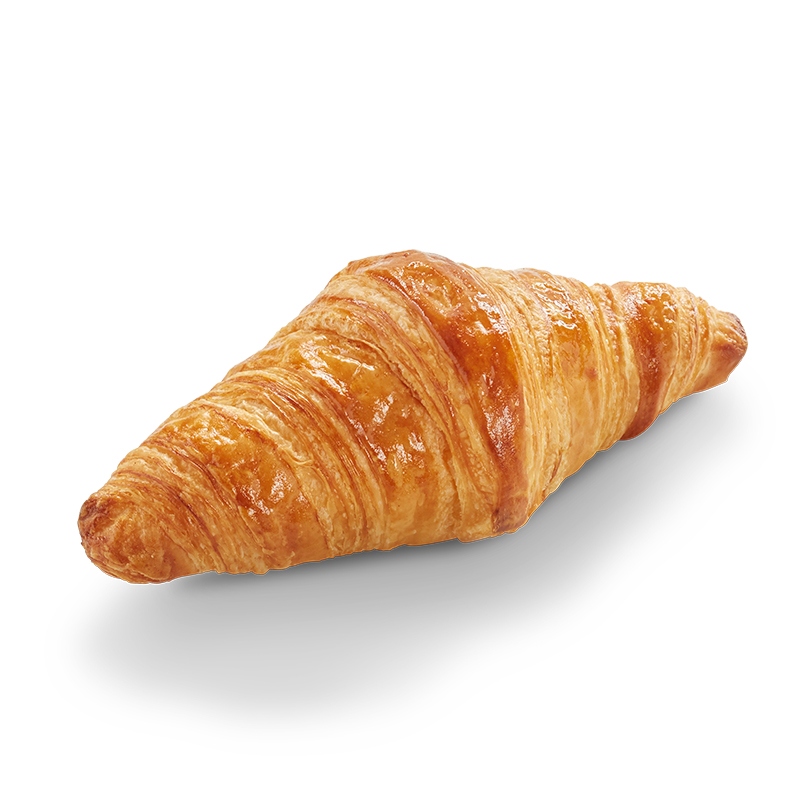 Croissant doré, pâte feuilletée sur fond blanc.